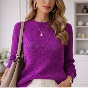 Floral + Femme Open Knit Sweater – Bright Purple